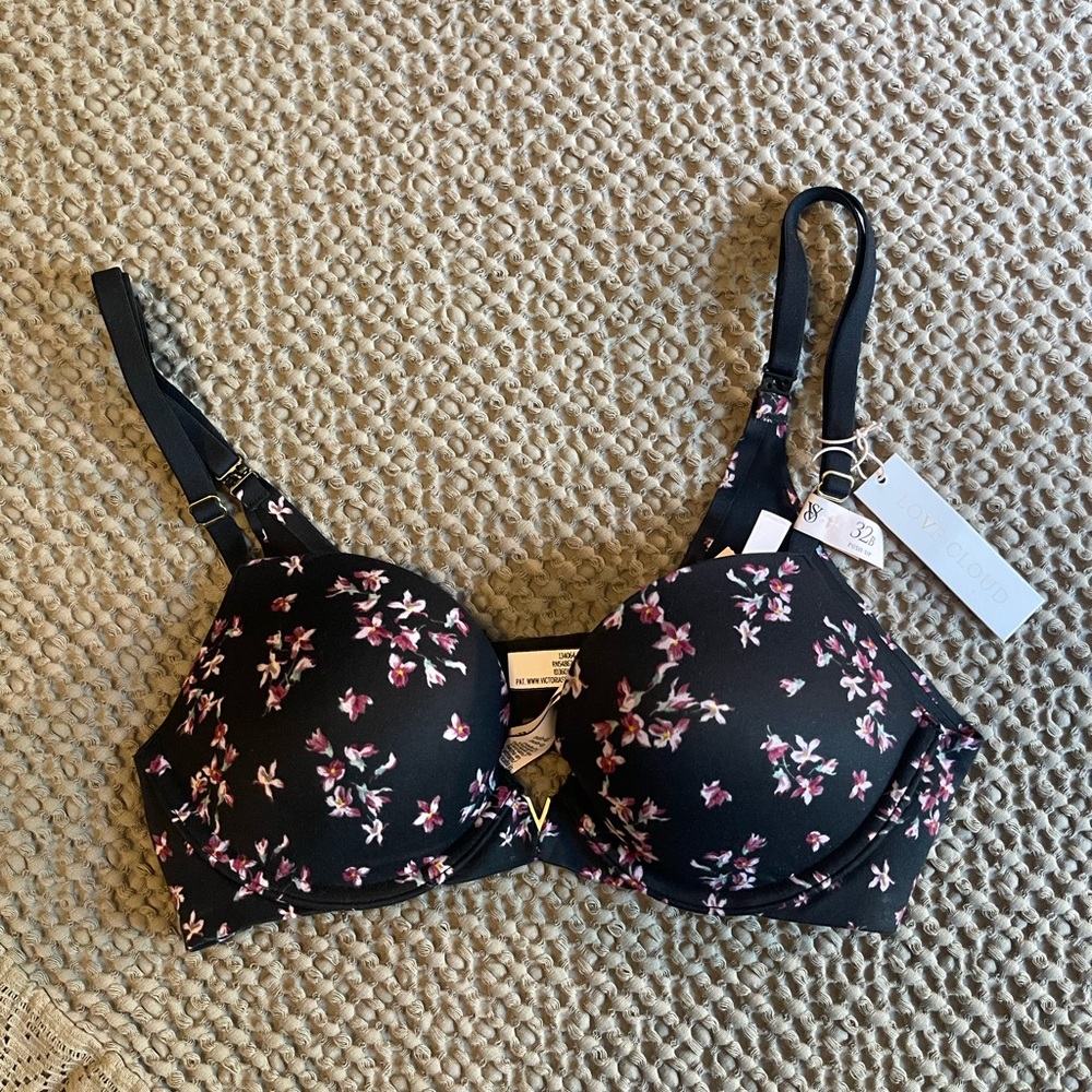 Victoria's Secret Black and Pink Floral Push Up Bra